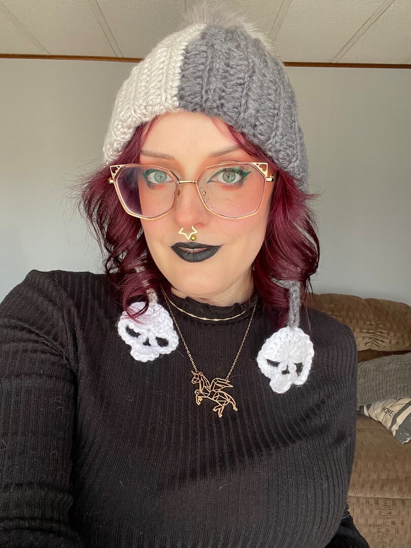 Crochet Skull Tassel Pom Pom Beanie - two tone gray alternative Crochet Skull Tassel Pom Pom Beanie - two tone gray alternative